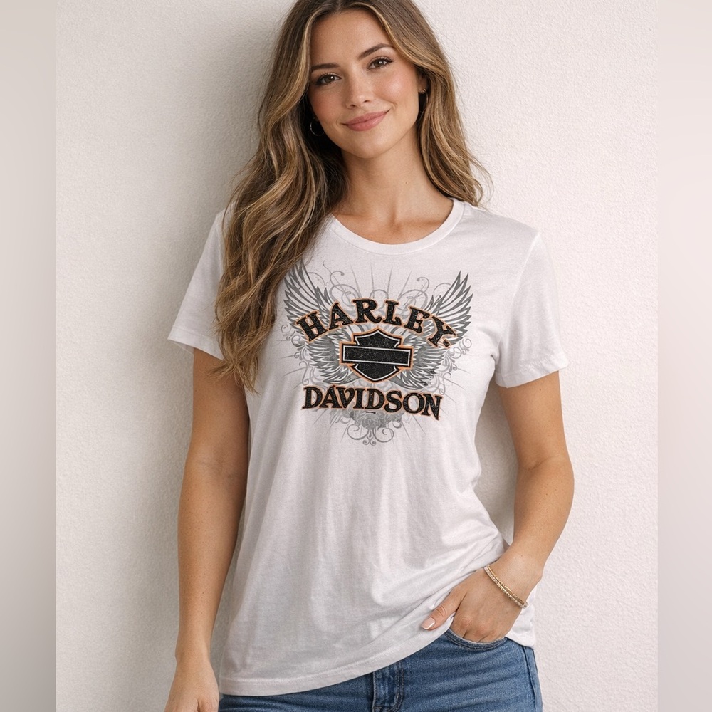 Harley-Davidson White Graphic Tee Wing Logo Women’s Size L